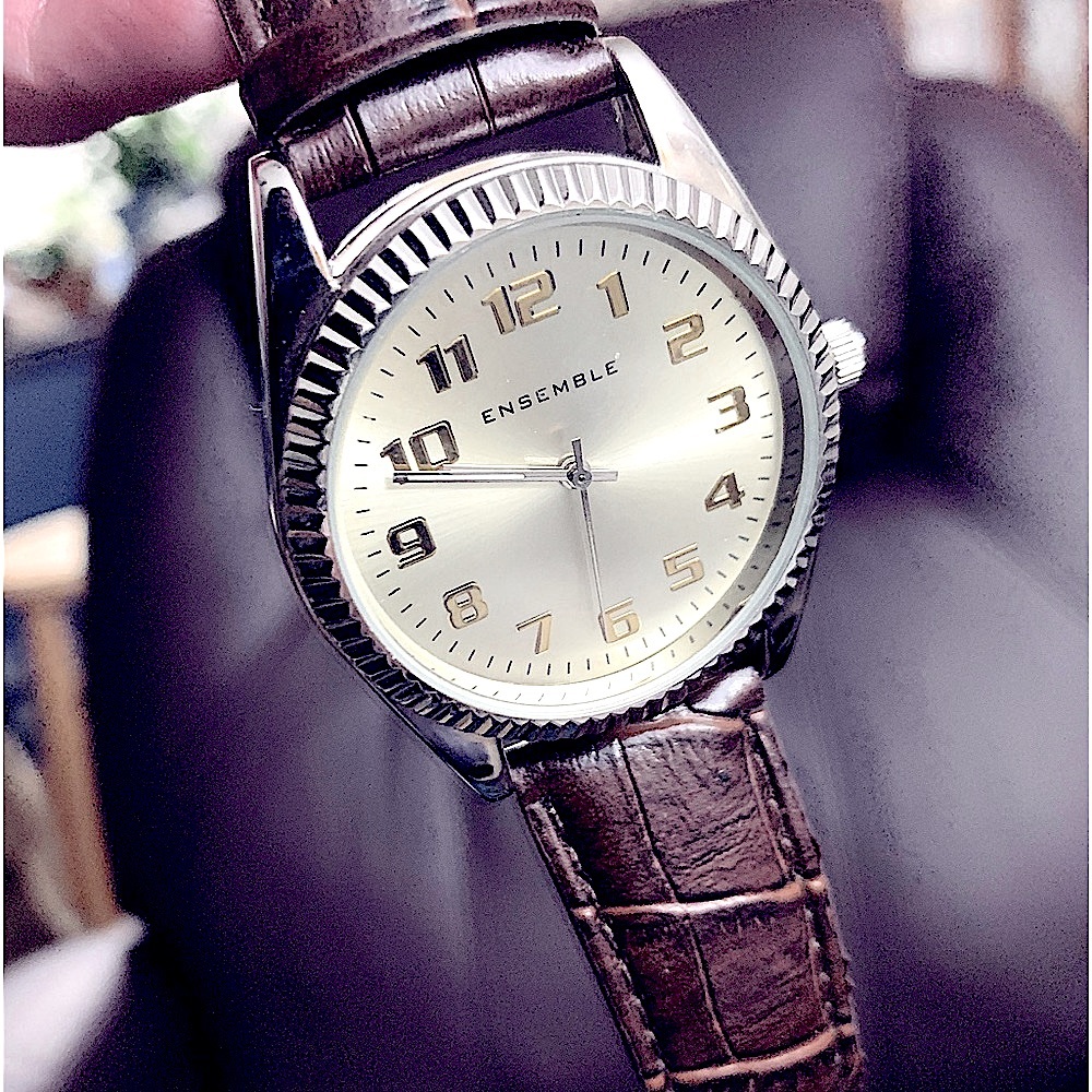 New»Stylish-Clean Men’s Sliver+Gold Classic Brown Leather Watch Band By Ensemble - Picture 4 of 16